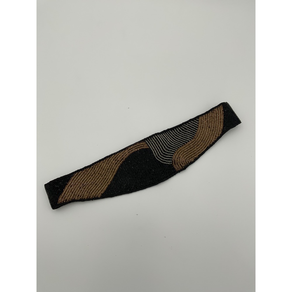 Vintage DeLill Hand Beaded Waist Belt Black Gold Silver Abstract Wave Macau